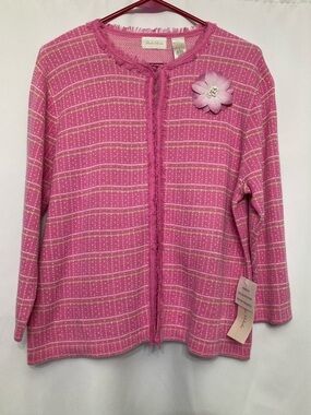 NWT Studio Works Tahiti Pink Tweed Fringe Knit Cardigan Jacket M Coastal Preppy
